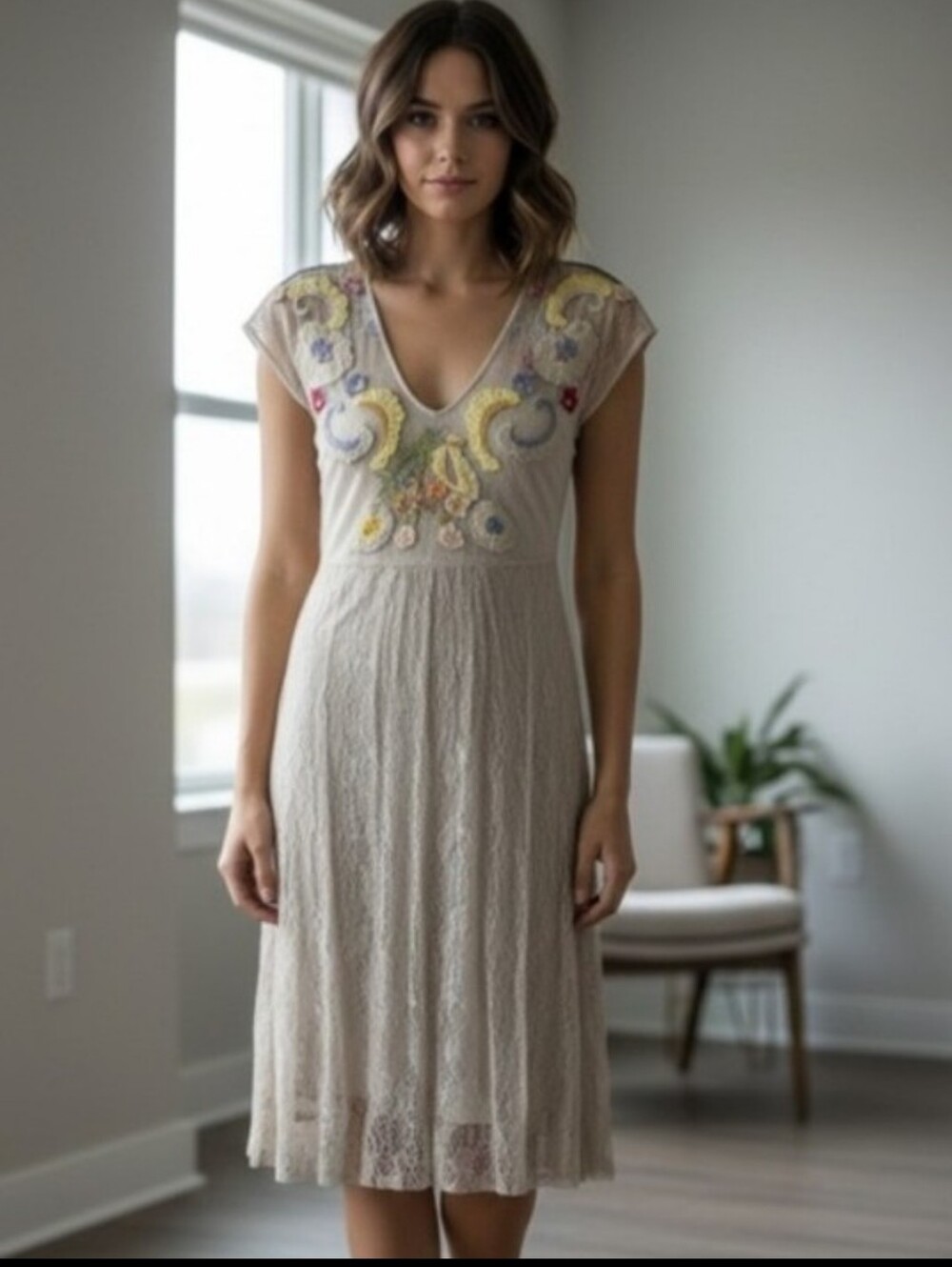 Johnny Was "Biya" Sundance Embroidered Floral Mesh Lace Dress